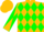 Gold, green diamonds, green diabolo on sleeves, gold cap
