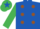 Royal blue, brown spots, emerald green sleeves, emerald green cap, royal blue star