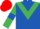Royal blue, emerald green chevron, emerald green sleeves, royal blue armlets, red cap