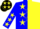 Blue and yellow halves, yellow 'qmr', yellow quarter moon and stars