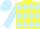 Yellow body, light blue diamonds, light blue arms, light blue cap