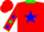 Red, green collar, blue star, blue stars on sleeves, green cuffs on sleeves, red cap