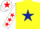 Yellow, dark blue star, white sleeves, red stars, white cap, red star