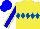 Yellow, royal blue diamond hoop, blue sleeves, yellow seams, blue cap