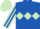 royal Blue, Light Green triple diamond, light Green and royal Blue striped sleeves, light Green cap