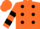 Orange, black dots, two black hoops on sleeves, orange cap