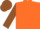 Orange, brown 'j', brown sleeves, brown cap