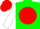 Green, white jd on red ball, white sleeves, red cap