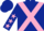 Dark blue body, pink cross belts, dark blue arms, pink stars, dark blue cap