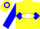Yellow, blue diamond belt, yellow diamond band in white hoop on blue sleeves