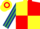 Yellow and red (quartered), dark blue and emerald green striped sleeves, yellow and red hooped cap