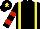 Black, yellow braces, black and red hooped sleeves, black cap, yellow star