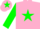 pink, green star and sleeves, pink cap, green star
