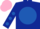 Dark blue, royal blue disc, dark blue sleeves, royal blue spots, pink cap