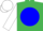 Emerald green, blue ball, white mountain, white sleeves, two blue hoops, blue and white cap, green visor