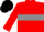red, grey hoop, red sleeves, black cap