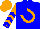 Blue, orange horseshoe, blue chevrons and cuffs on orange sleeves, blue and orange cap