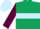 Dark Green, Light Blue hoop, Maroon sleeves, Light Blue cap
