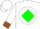 White, white ball, green diamond, brown cuffs on white sleeves, white cap