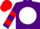 Purple, white ball, red hoops on sleeves, red cap, purple peak
