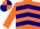Orange, navy blue chevrons, orange sleeves, orange and navy quartered cap
