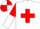 White, red cross, red and white halved sleeves, white and red quartered cap