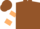 Brown, white circled 'mmm', beige bars on sleeves