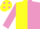 Yellow and mauve halved, mauve sleeves, Yellow cap, mauve spots