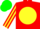 red, yellow ball, red sleeves, yellow stripes, green cap