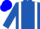 Royal blue, white braces, gold horseshoe, blue cap