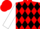 Red, black diamonds, black bands on white sleeves