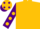 Gold, purple spot and sleeves, gold spots, gold cap, purple spots and peak