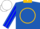 Royal blue, gold circle, gold collar, white sleeves, blue stripes, white cap