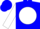 Blue, red 'b/g' on white ball,  white sleeves, blue cuffs