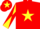Red, yellow star, yellow and red diabolo on sleeves, red cap, yellow star