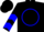Black, blue 'jm' in blue circle, blue chevrons on sleeves