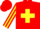 Red, yellow cross, striped sleeves, red cap, yellow cross