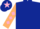 Dark blue, beige sleeves, pink diamonds, dark blue cap, pink star