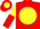 Red, red 'djc' in yellow ball, yellow and red halved sleeves