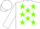 White, grass green stars, white sleeves, white cap, grass green peak