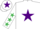 White, purple star, white sleeves, emerald green stars, white cap, purple star