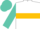 White, rainbow, magenta 're', gold hoop on turquoise sleeves, magneta cap