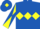 Royal blue, yellow triple diamond, yellow and royal blue diabolo on sleeves, royal blue cap, yellow diamond