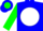 Blue, green 'pt on white ball, green sleeves, pink band