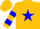 Gold, blue star of david, blue bars on sleeves