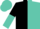Black and turquoise halved vertically, turquoise sleeves, halved cap
