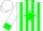 White, green 'flyin ranch', white 'j' on green star with silver wings in gold horseshoe, green stripes and cuffs