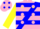 Pink, blue sash and yellow dots, blue hoops and pink dots on yellow slvs