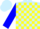 Light blue, yellow blocks, blue sleeves, light blue cap