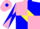 Pink, blue quarters, blue 'rlc'  yellow diamond, pink and blue diagonal quartered sleeves